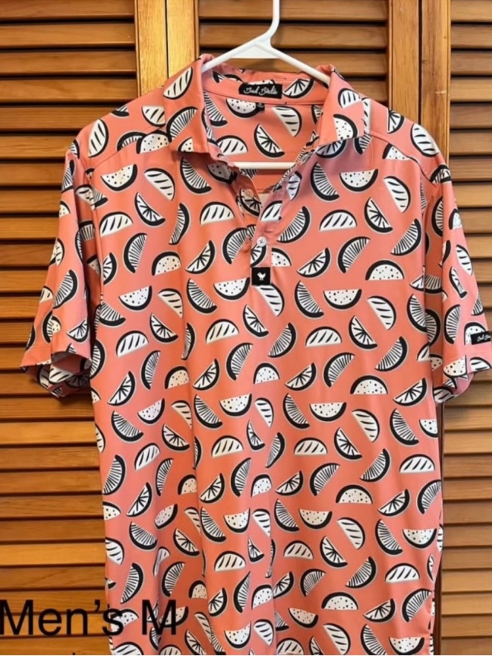 Bad Birdie Men’s Coral Short-Sleeve Polo with Black & White Citrus Print